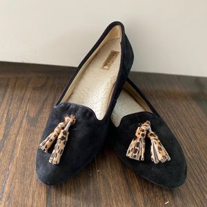 Birdies Loafers 7.5 black leather w leopard tassel